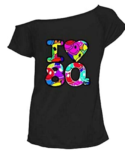 Fairy Trendz Damen-Top "I Love 80er", Retro-Party, Pop-Star-T-Shirt, Top 1980er-Jahre-Party, Top für Junggesellinnenabschied, Junggesellenabschied, Größe 36-48, I Love 80s Multi Black, 42-44 von FAIRY TRENDZ LTD
