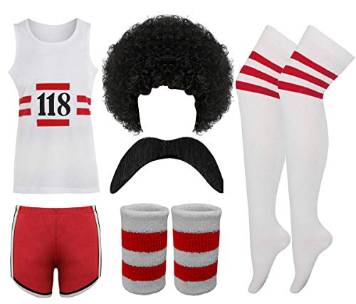 Herren Damen 118 Kostüm Marathon Retro Weste Shorts Tash Socken Perücke Armband Set, Unisex (Herren Damen) 118 komplettes Set, M von FAIRY TRENDZ LTD