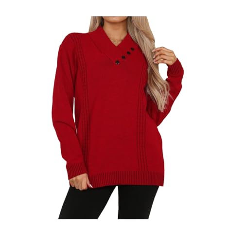 FAIRY TRENDZ Damen Pullover Strickpullover mit 4 Knöpfen Schalkragen Pullover Damen Langarm Warm Winter Pullover, Rot, 46/48 von FAIRY TRENDZ