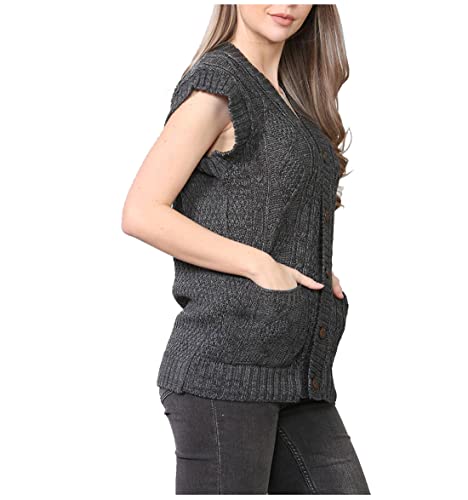 FAIRY TRENDZ Damen-Strickjacke, ärmellos, 5 Knöpfe, Zopfmuster, 2 Taschen, Winterpullover, anthrazit, 38-40 von FAIRY TRENDZ