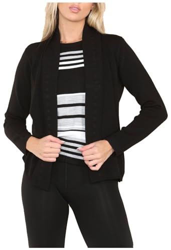 FAIRY TRENDZ Damen Strickpullover Twinset, gestreift, lange Ärmel, vorne offen, 2-in-1-Set, Schwarz , 12-14 von FAIRY TRENDZ