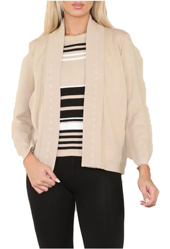 FAIRY TRENDZ Damen Strickpullover Twinset, gestreift, lange Ärmel, vorne offen, 2-in-1-Set, beige, 38-40 von FAIRY TRENDZ