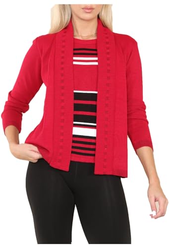 FAIRY TRENDZ Damen Strickpullover Twinset, gestreift, lange Ärmel, vorne offen, 2-in-1-Set, rot, 38-40 von FAIRY TRENDZ