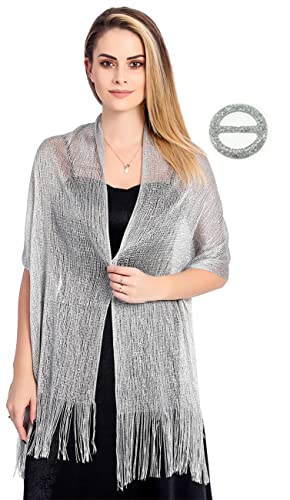 FAIRYGATE Stola für Abendkleid mit Kostenloser Schal Damen Festlich Schnalle Wickel Abendkleid Damen Schals für Abend Braut Brautjungfer Geschenk Silber mit Quaste A0508 von FAIRYGATE