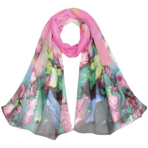 Schal Bunt Damen Tuch Blumenmuster - 155x50cm Elegant Rosa Schals für Frauen Halstuch 007 von FAIRYGATE