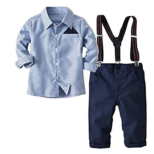 FAIRYRAIN 2-Teiliges Kleinkind Jungen Babyanzug Gentleman Kinder Langarm Hemd + Hose mit Träger Anzug Kleidung, Blau, Gr.120 von FAIRYRAIN