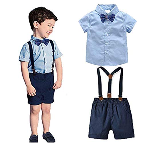 2-Teiliges Kleinkind Jungen Babyanzug Gentleman Party Taufe Anzug Festlich Kurzarmhemd mit Fliege + Kurze Hose mit Träger Set (Blau, 100cm/2-3 Jahre) von FAIRYRAIN