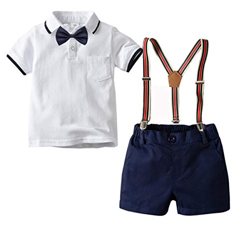 2-Teiliges Kleinkind Jungen Babyanzug Gentleman Party Taufe Anzug Festlich Kurzarmhemd mit Fliege + Kurze Hose mit Träger Set (Weiß, 120cm/5-6 Jahre) von FAIRYRAIN