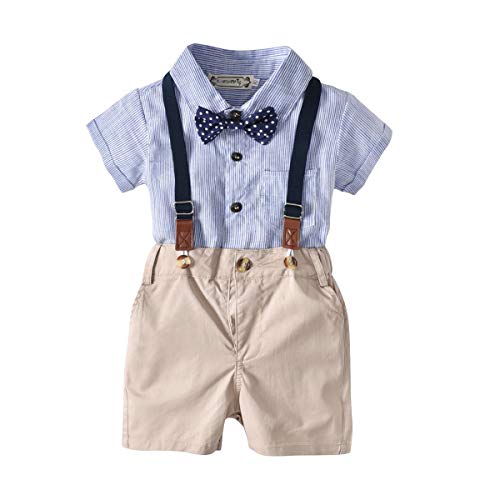 2-Teiliges Kleinkind Jungen Babyanzug Sommer Gentleman Party Taufe Anzug Festlich Hemdbody mit Fliege + Kurze Hose mit Träger Set Outfits 95cm von FAIRYRAIN