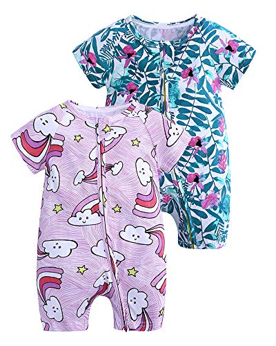 FAIRYRAIN 2-teilig Kinder Kleinkind Mädchen Jungen Sommer Schlafanzug Bekleidung Short Sleeve Kurzer Overall Jumpsuit Drucken Spielanzug 90(18-24 M) von FAIRYRAIN