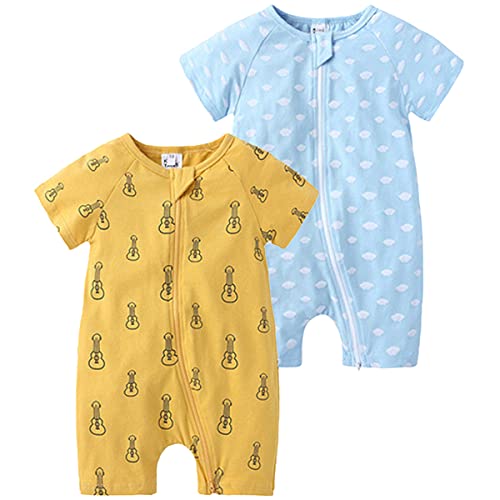 FAIRYRAIN 2-teilig Kinder Kleinkind Mädchen Jungen Sommer Schlafanzug Bekleidung Short Sleeve Kurzer Overall Jumpsuit Drucken Spielanzug 90(18-24 M) von FAIRYRAIN