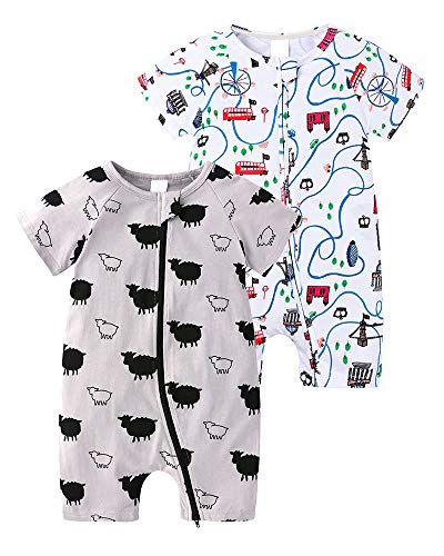 FAIRYRAIN 2-teilig Kinder Kleinkind Mädchen Jungen Sommer Schlafanzug Bekleidung Short Sleeve Kurzer Overall Jumpsuit Drucken Spielanzug 90(18-24 M) von FAIRYRAIN