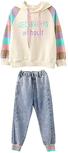 2tlg Kinder Mädchen Bekleidungsset Langarm Sweatshirt Hoodie T-Shirt Top Mit Jeans Hose Outfits Trainingsanzug Outfits Sport Kleidung Set Jogginganzug 160 von FAIRYRAIN