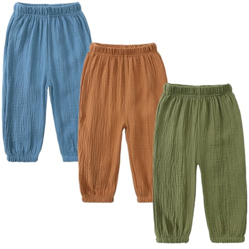 3 Pack of Kinder Mädchen Jungen Sommer Baumwoll Drucken Leinenhose Pumphose Elastische Lässige Anti-Moskito Jogginghose Lässige Pants Hose von FAIRYRAIN
