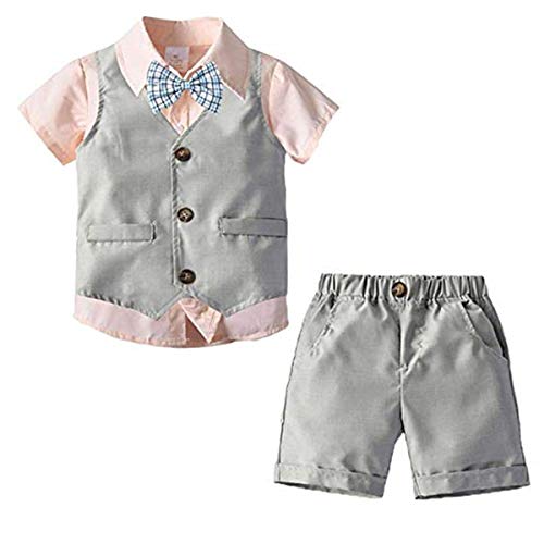 FAIRYRAIN 3-Teiliges Kleinkind Jungen Babyanzug Gentleman Party Taufe Anzug Festlich Kurzarmhemd mit Fliege + Weste + Kurze Hose mit Kinder Träger Set110CM von FAIRYRAIN