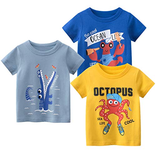 3er Pack Baby Kinder Jungen Rundhals Langarmshirt Baumwolle Shirt Cartoon Dinosaurier Wagen Drucken T-Shirt Tops (Short#A, 90) von FAIRYRAIN