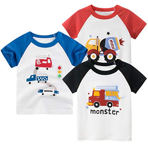 3er Pack Baby Kinder Jungen Rundhals Langarmshirt Baumwolle Shirt Cartoon Dinosaurier Wagen Drucken T-Shirt Tops (Short#B, 110) von FAIRYRAIN