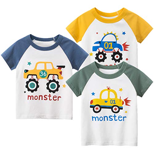 3er Pack Baby Kinder Jungen Rundhals Langarmshirt Baumwolle Shirt Cartoon Dinosaurier Wagen Drucken T-Shirt Tops (Short#D, 110) von FAIRYRAIN