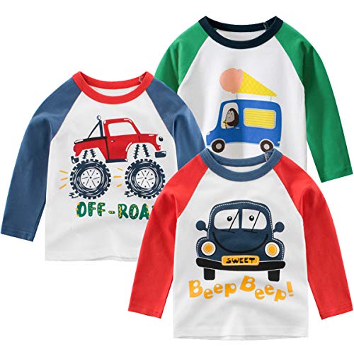 3er Pack Baby Kinder Jungen Rundhals Langarmshirt Baumwolle Shirt Cartoon Dinosaurier Wagen Drucken T-Shirt Tops 110 von FAIRYRAIN