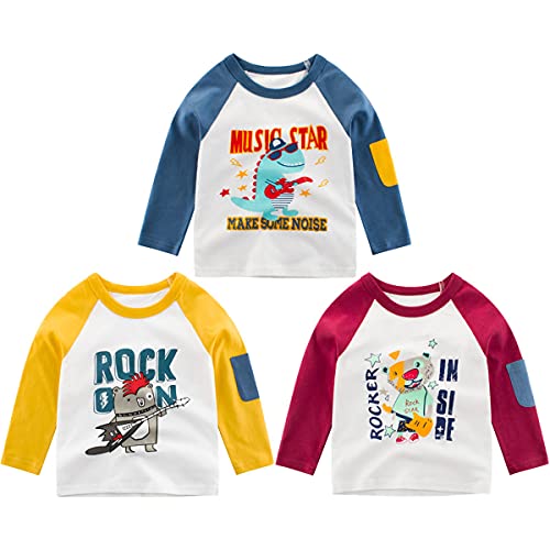 3er Pack Baby Kinder Jungen Rundhals Langarmshirt Baumwolle Shirt Cartoon Dinosaurier Wagen Drucken T-Shirt Tops 140 von FAIRYRAIN