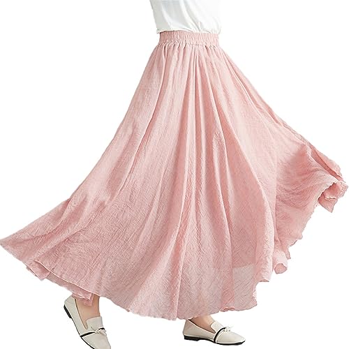 Damen Retro Langrock Elastische Taille Maxirock Baumwolle Leinen Double LayerLeinen Rock Sommerrock von FAIRYRAIN