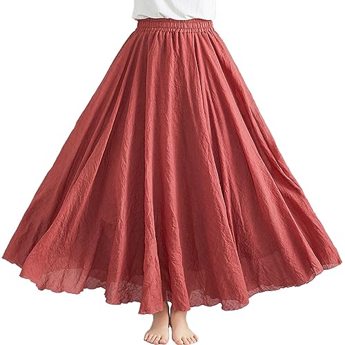 Damen Retro Langrock Elastische Taille Maxirock Baumwolle Leinen Double LayerLeinen Rock Sommerrock von FAIRYRAIN