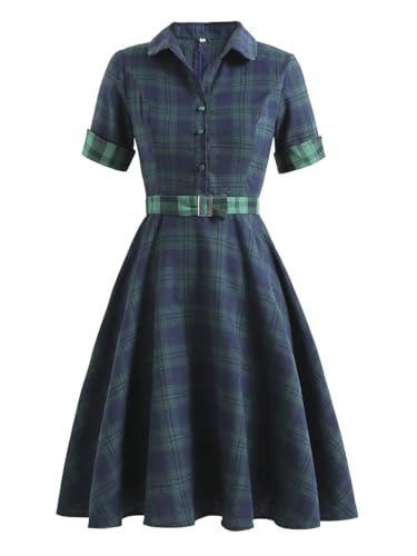 Damen elegant 1940er Vintage Swing Kleid Rockabilly Kleider Cocktailkleid Retro Kurzarm Peter Pan Kragen Sommer Kleider L von FAIRYRAIN
