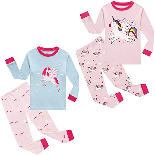 FAIRYRAIN 2 Pack Set Kinder Mädchen Jungen Langarm Schlafanzug Giraffe Baumwolle Einhorn Dinosaurier Baumwolle Nachtwäsche T-Shirt und Hose Outfits Set (Pyj#P, 110) von FAIRYRAIN