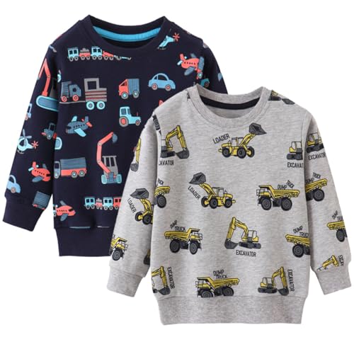 FAIRYRAIN 2 Pack of Kinder Jungen Mädchen Pullover Sweatshirt Langarm Baumwolle Dinosaurier Bagger Traktor Oberteile Streetwear 2T von FAIRYRAIN