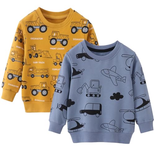 FAIRYRAIN 2 Pack of Kinder Jungen Mädchen Pullover Sweatshirt Langarm Baumwolle Dinosaurier Bagger Traktor Oberteile Streetwear 3T von FAIRYRAIN