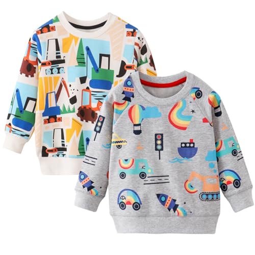 FAIRYRAIN 2 Pack of Kinder Jungen Mädchen Pullover Sweatshirt Langarm Baumwolle Dinosaurier Bagger Traktor Oberteile Streetwear 5T von FAIRYRAIN