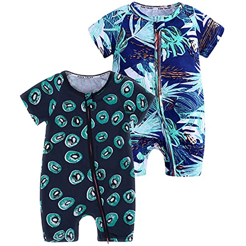 FAIRYRAIN 2-teilig Kinder Kleinkind Mädchen Jungen Sommer Schlafanzug Bekleidung Short Sleeve Kurzer Overall Jumpsuit Drucken Spielanzug 90(18-24 M) von FAIRYRAIN