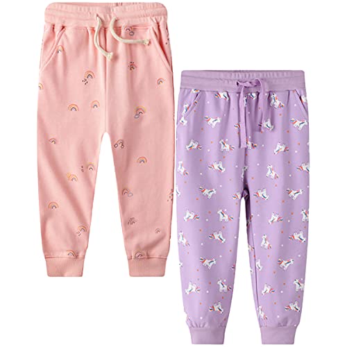 FAIRYRAIN 2er-Pack Unisex Jungen Mädchen Kinder Karikatur Drucken Freizeithose Baumwolle Sporthose Hose Jogginghose Sweathose (Pants#L, 122-128) von FAIRYRAIN