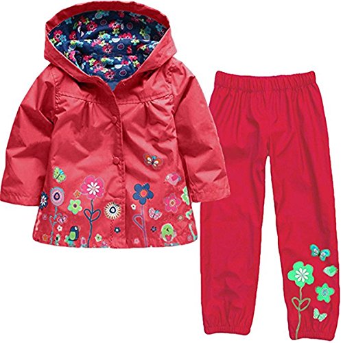 FAIRYRAIN 2tlg Kinder Mädchen Bekleidungsset Windbreaker Regenmantel Regenjacke mit Kapuze + Regenhose 5T von FAIRYRAIN