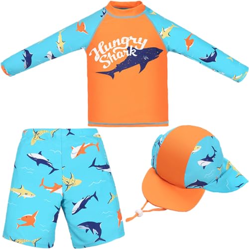 FAIRYRAIN 3 Stück Jungen UV Rashguard Badeshirt Langarm Schwimmshirt Boardshorts Badehose mit Hut Badeset Schwimmanzug von FAIRYRAIN