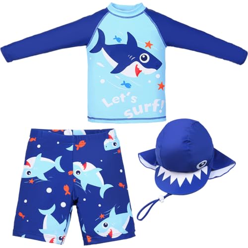 FAIRYRAIN 3 Stück Jungen UV Rashguard Badeshirt Langarm Schwimmshirt Boardshorts Badehose mit Hut Badeset Schwimmanzug von FAIRYRAIN