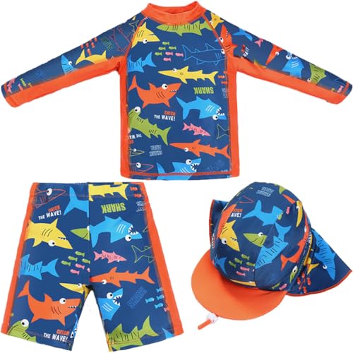 FAIRYRAIN 3 Stück Jungen UV Rashguard Badeshirt Langarm Schwimmshirt Boardshorts Badehose mit Hut Badeset Schwimmanzug von FAIRYRAIN