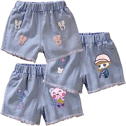 FAIRYRAIN 3er-Pack Kinder Mädchen Sommer Emboridery Flower Denim Shorts Jeans Kurze Hosen Sommerhose 130 von FAIRYRAIN