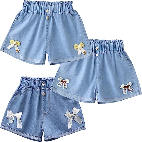 FAIRYRAIN 3er-Pack Kinder Mädchen Sommer Emboridery Flower Denim Shorts Jeans Kurze Hosen Sommerhose 150 von FAIRYRAIN