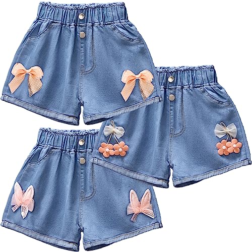FAIRYRAIN 3er-Pack Kinder Mädchen Sommer Emboridery Flower Denim Shorts Jeans Kurze Hosen Sommerhose 150 von FAIRYRAIN