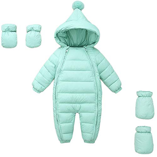 FAIRYRAIN Baby Jungen Mädchen Schneeanzug Daunenanzug Strampler mit Kapuze Handschuhe Footies Quilted Pramsuit Outdoor Winter Snowsuit (Grün, 90cm/9-12 Monate) von FAIRYRAIN