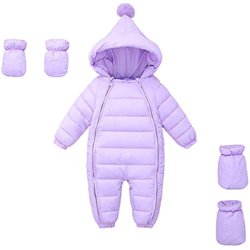 FAIRYRAIN Baby Jungen Mädchen Schneeanzug Daunenanzug Strampler mit Kapuze Handschuhe Footies Quilted Pramsuit Outdoor Winter Snowsuit (Lila, 80cm/6-9 Monate) von FAIRYRAIN