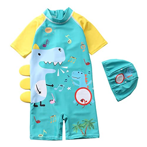 FAIRYRAIN Baby Kinder Junge Einteiliger Karikatur Dinosaurier Kurzärmel Kleidung UV-Schutz 50 Badeanzug mit Sonnenhut Schwimmanzug Schwimmbekleidung M von FAIRYRAIN