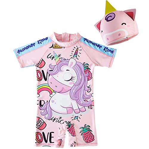 FAIRYRAIN Baby Kinder Mädchen Einteiliger Karikatur Unicorn Pineapple Kurzärmel Kleidung UV-Schutz 50 Badeanzug mit Sonnenhut Schwimmanzug Schwimmbekleidung XXL von FAIRYRAIN