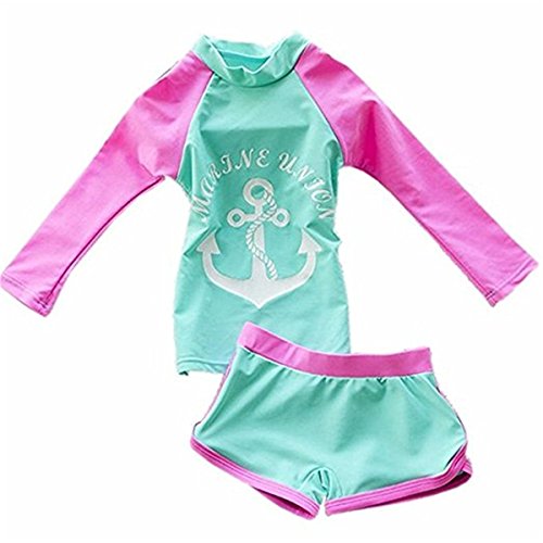 FAIRYRAIN Baby Kleinkinder Mädchen 2er Bade-Set Anker Print Lange Ärmel Rash Guard UV-Schutz 50+ Bademode Schwimmanzug Badebekleidungsset S von FAIRYRAIN