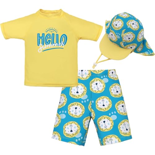 FAIRYRAIN Jungen UV Schutz 50+ Rashguard Badeshirt Kurzarm Schwimmshirt Dinosaurier Schwimmbekleidung Boardshorts Badehose mit Hut Badeset Schwimmanzug von FAIRYRAIN