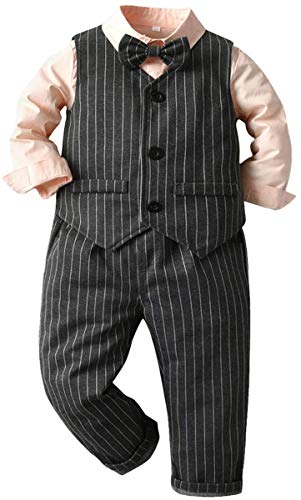 FAIRYRAIN Kinder Jungen Gentleman 3tlg Langarm Hemd+Hose+ Weste+Fliege Krawatte Anzug Taufe Hochzeit Sakkos Bekleidungsset Outfits (80, Color#B) von FAIRYRAIN