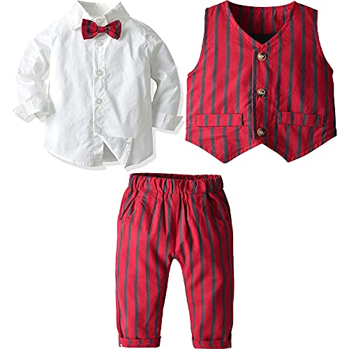 FAIRYRAIN Kinder Jungen Gentleman 3tlg Langarm Hemd+Hose+ Weste+Fliege Krawatte Anzug Taufe Hochzeit Sakkos Bekleidungsset Outfits von FAIRYRAIN