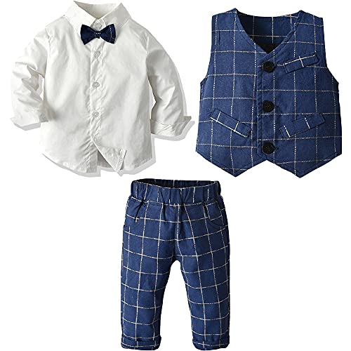 FAIRYRAIN Kinder Jungen Gentleman 3tlg Langarm Hemd+Hose+ Weste+Fliege Krawatte Anzug Taufe Hochzeit Sakkos Bekleidungsset Outfits von FAIRYRAIN