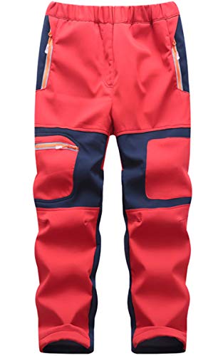 FAIRYRAIN Kinder Jungen Mädchen Winter Warm Softshellhose Regenhose Gefütterte Outdoorhose Wasserabweisend Winddicht Skihose Wanderhose Sporthose (Rot, M) von FAIRYRAIN